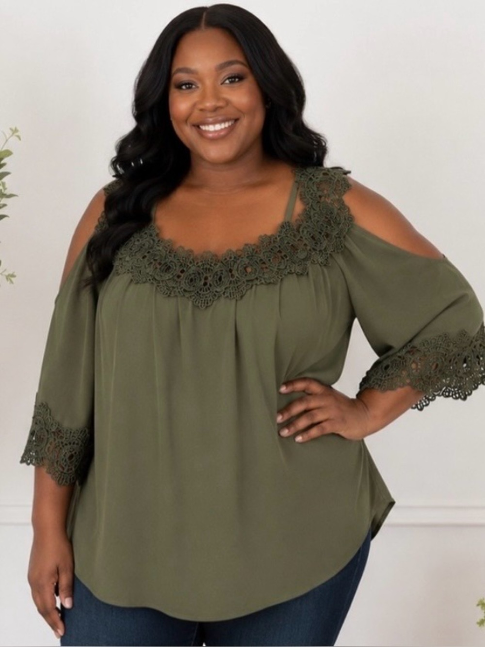 Breathless 2X Olive Green Lace Cold Shoulder Blouse Boho Romantic